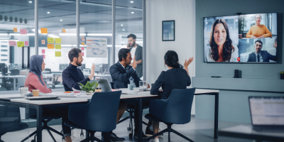 Businesspeople do Video Conference Call with Big Wall TV in Office Meeting Room. Diverse Team of Creative Entrepreneurs at Big Table have Discussion. Specialists work in Digital e-Commerce Startup - Employee Engagement and Motivation