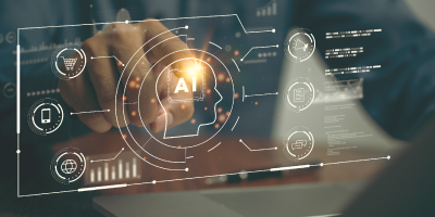 Artificial intelligence (AI) and human collaboration in the workplace using business automation technology on a computer.