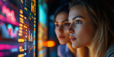 Two young women at work analyzing colorful Excel charts and numerical data on large computer screens.